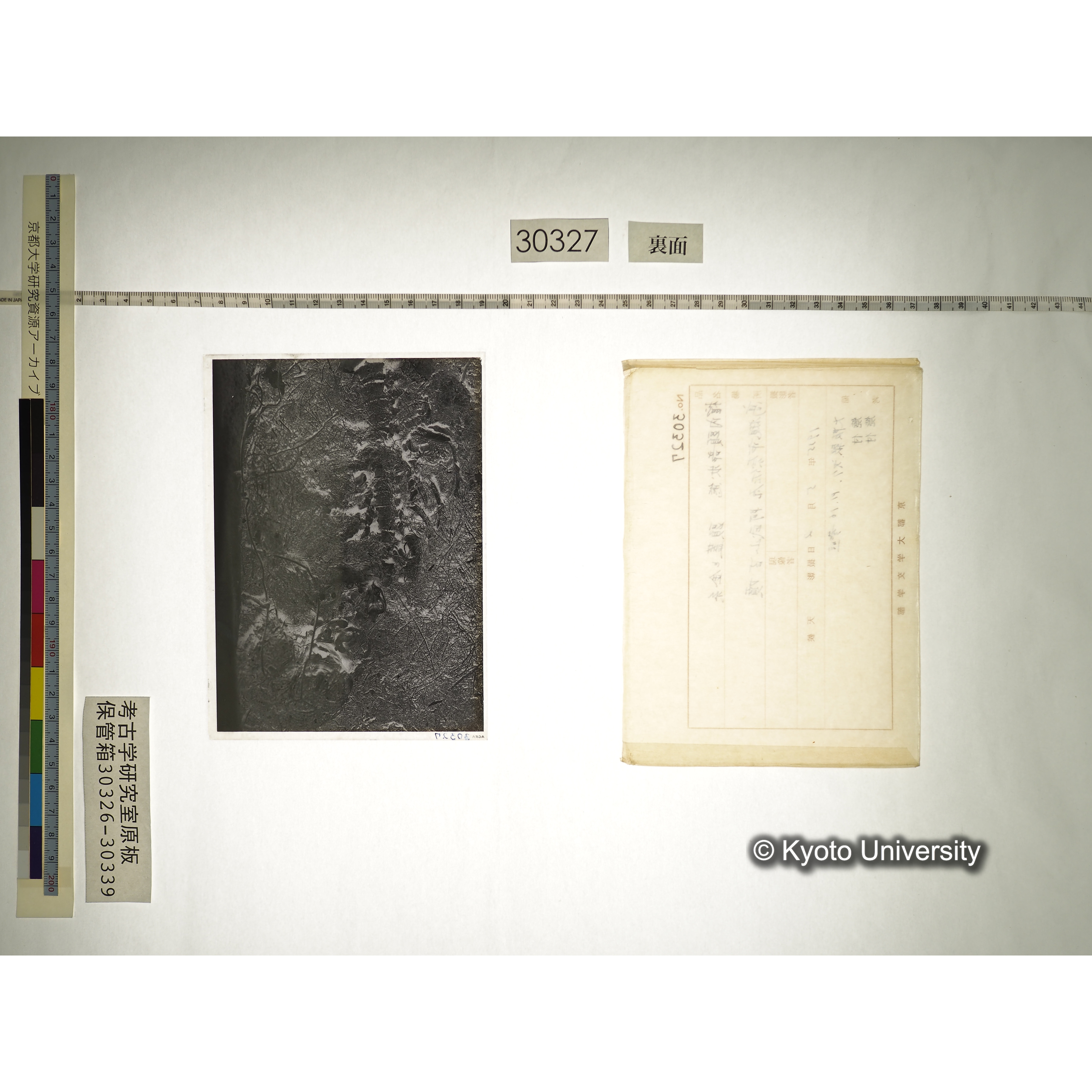 [乾板] 棺内頭部状態　頭蓋と金糸 (2)