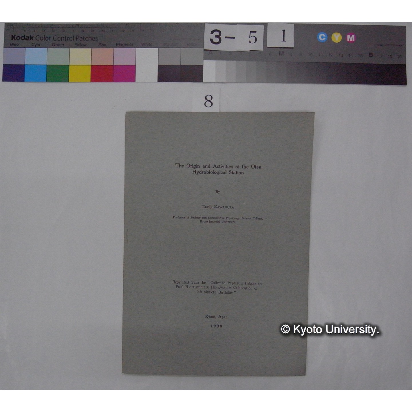 The Origin and Activities of the Otsu Hydrobiological Station / by Tamiji KAWAMURA (Reprinted from the "Collected Papers, a tribute to Prof. Hideturumaru ISIKAWA, in Cereblation of his sixtieth Birthday") (1)