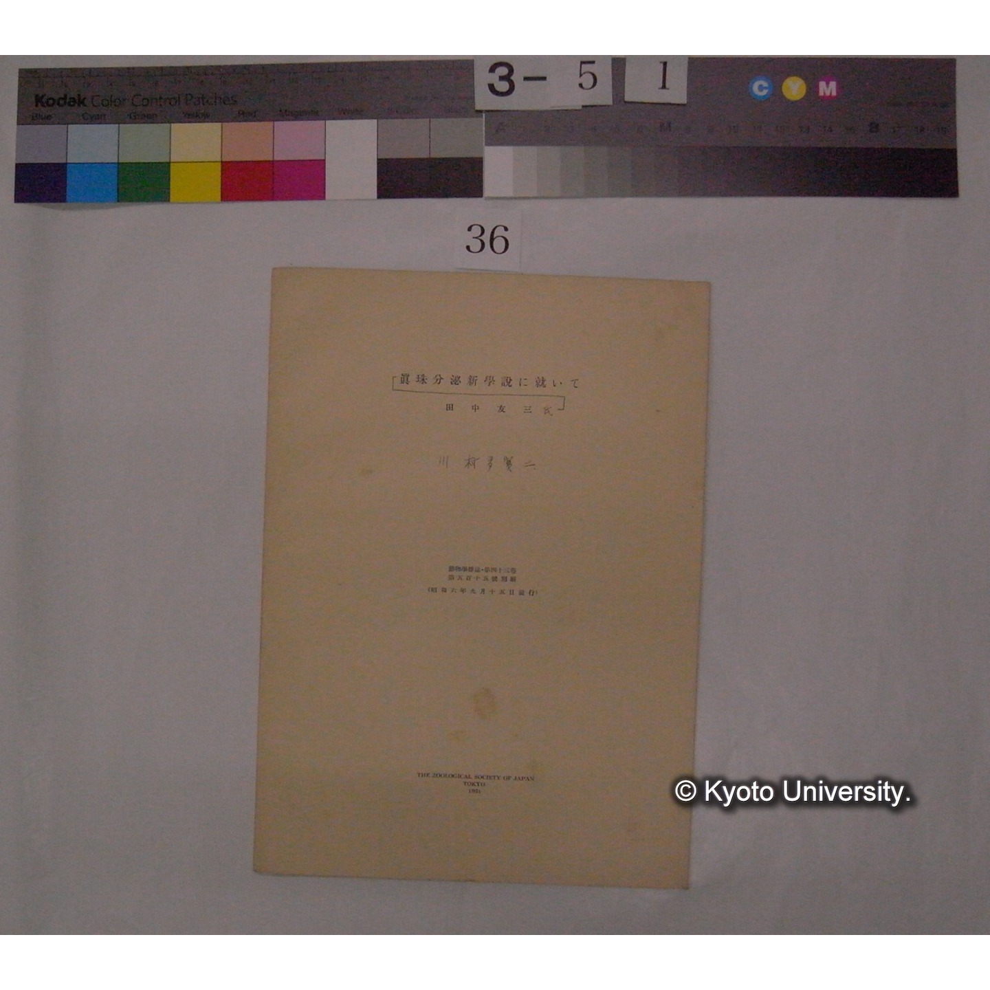 田中友三氏 真珠分泌新学説に就いて / 川村多實二 (動物学雑誌43巻515号別刷) (1)