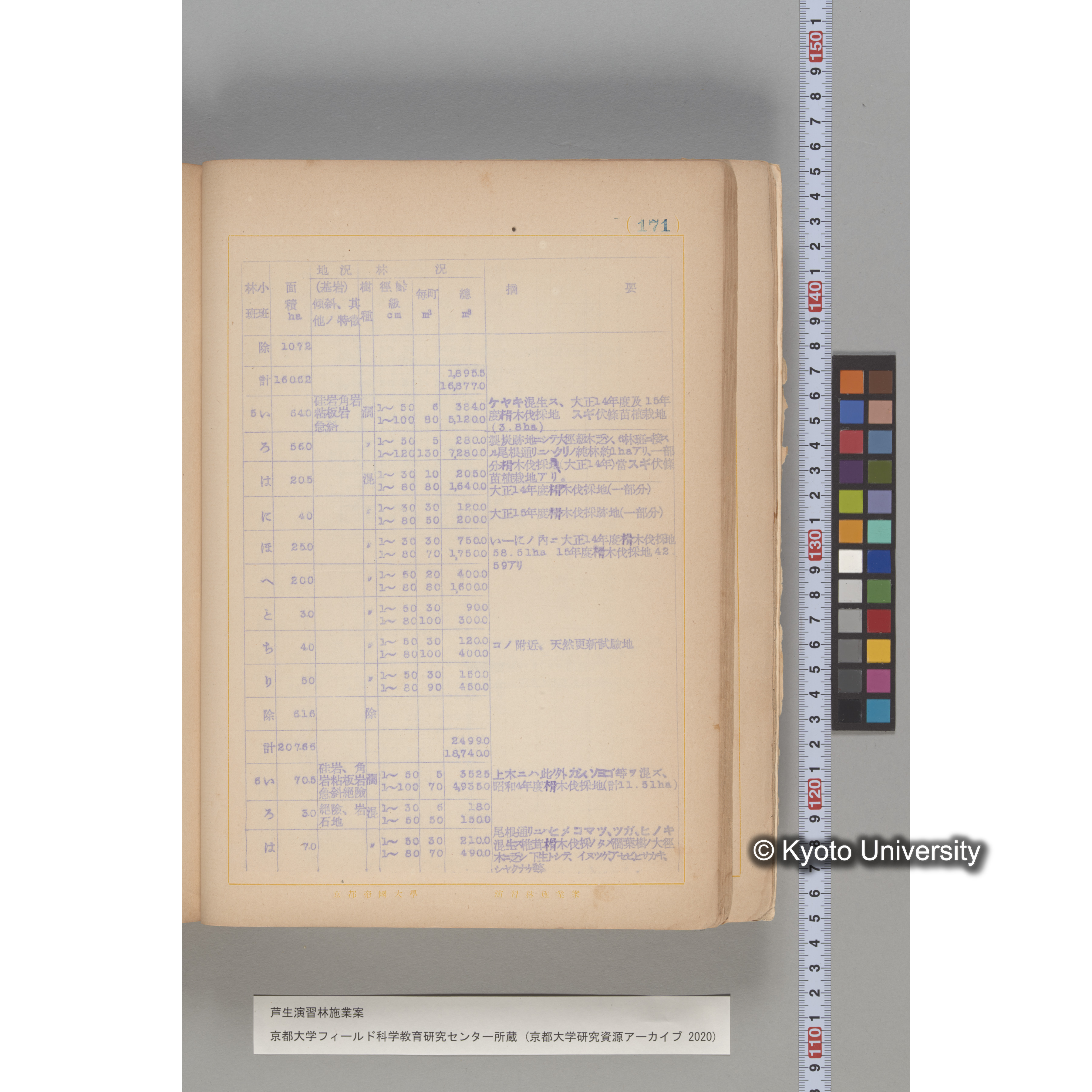 芦生演習林 施業案 実行期間 自昭和5年 至昭和14年. (171)