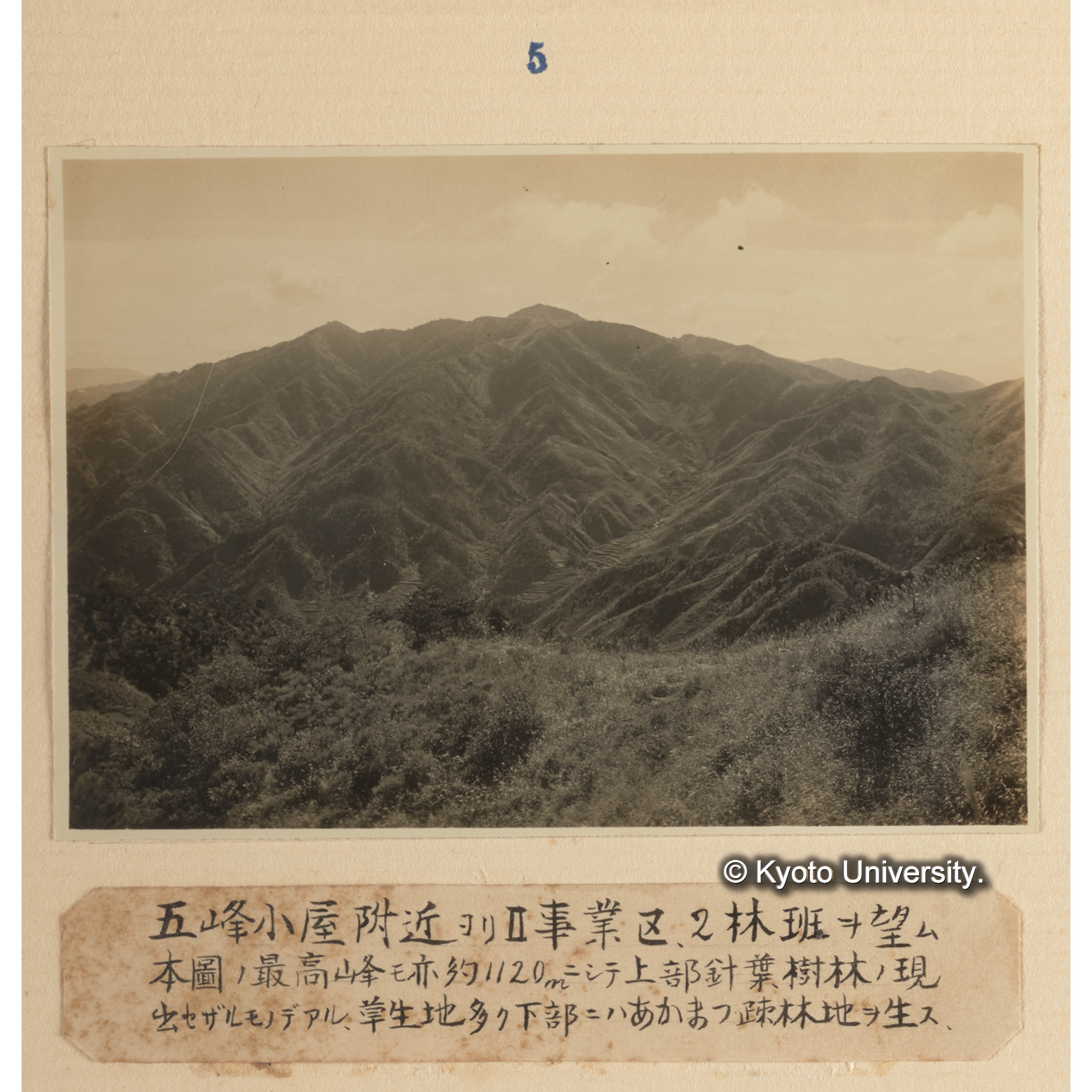 五峰小屋附近よりII事業区、2林班を望む／本図の最高峰も亦約1120mにして上部針葉樹林の現出せざるものである、草生地多く下部にはアカマツ疎林地を生ず。 (1)