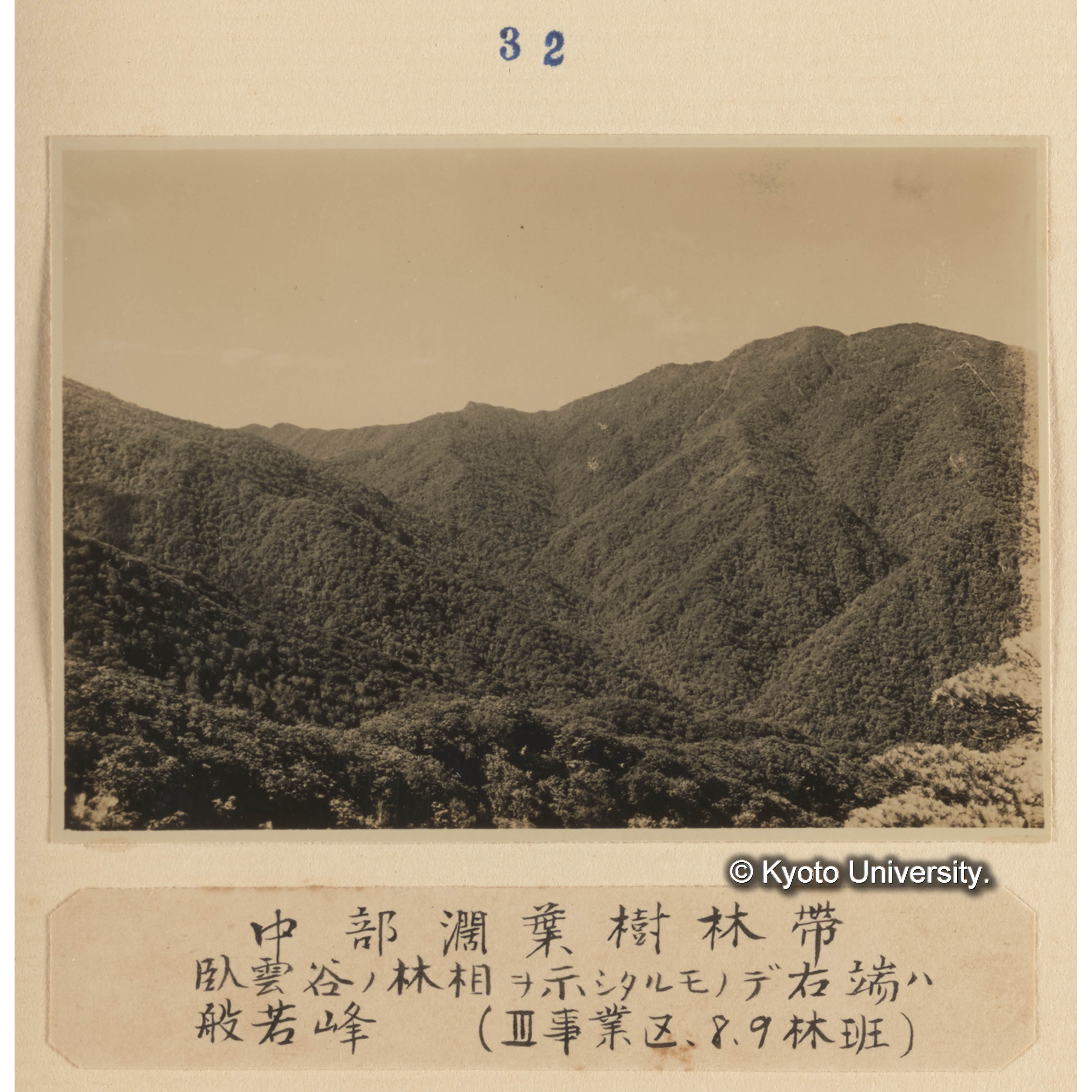 中部闊葉樹林帯／臥雲谷の林相を示したるもので右端は般若峰（III事業区、8、9林班） (1)