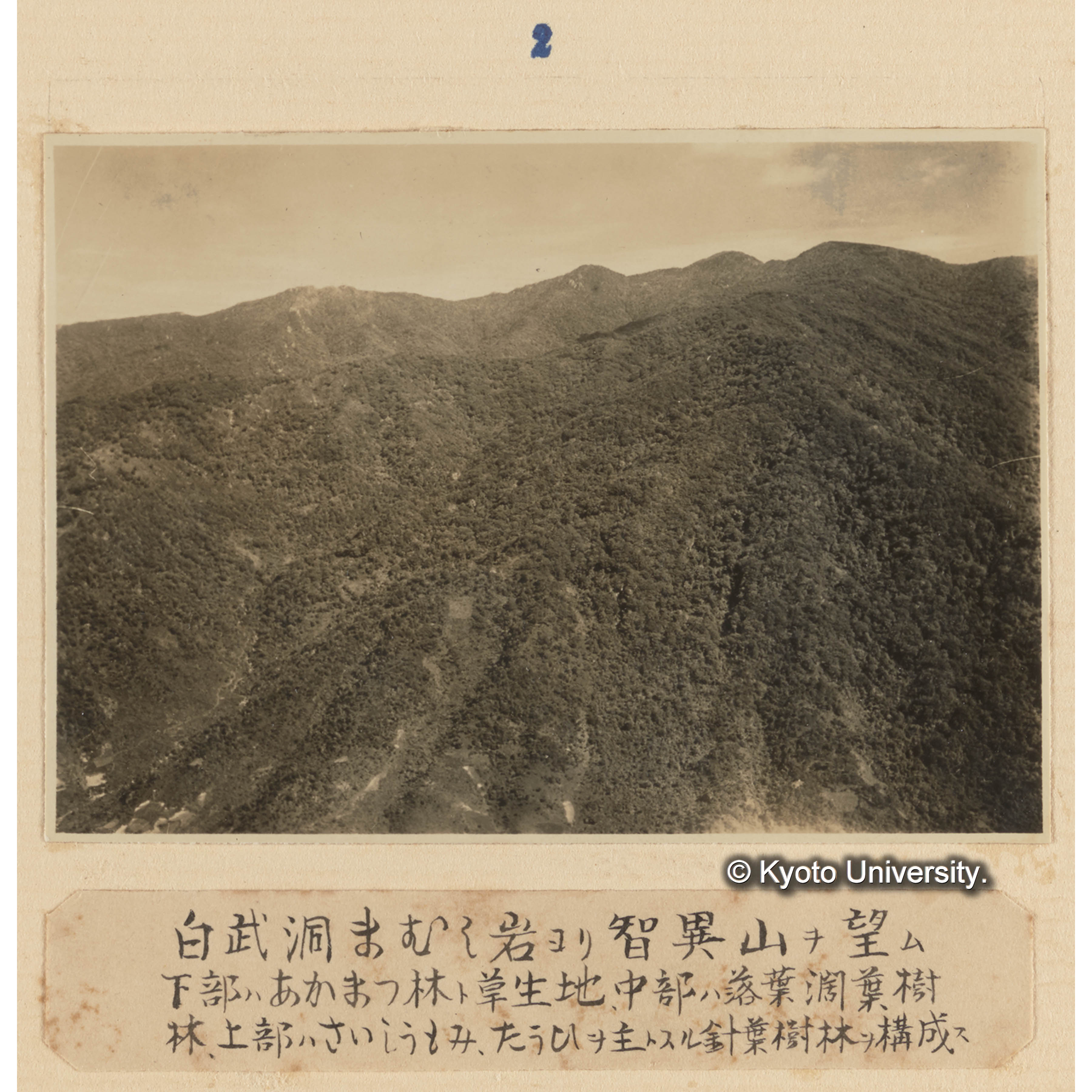 白武洞マムシ岩より智異山を望む／下部はアカマツ林と草生地、中部は落葉闊葉樹林、上部はサイシュウモミ、トウヒを主とする針葉樹林を構成す (1)