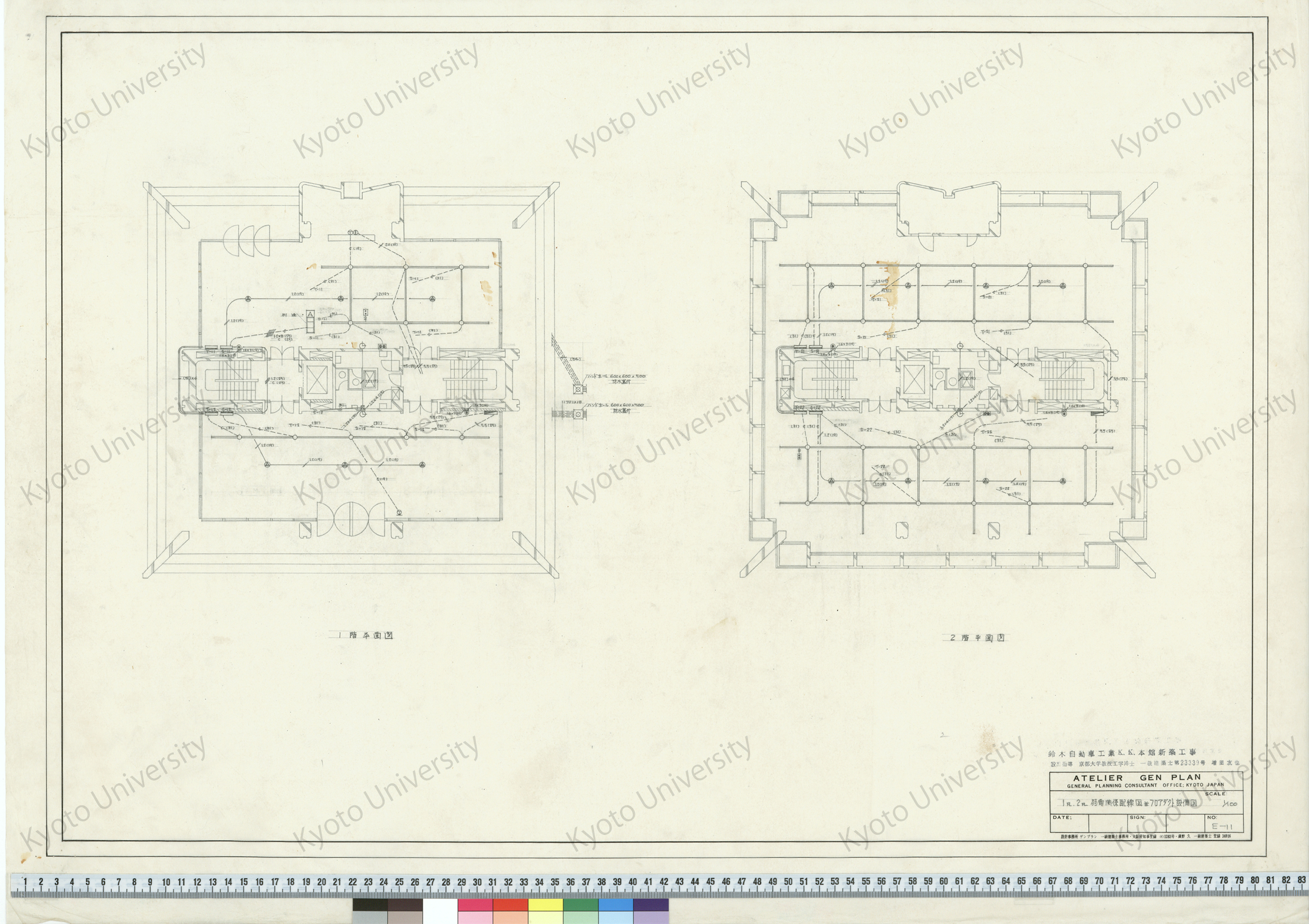 鈴木自動車工業K.K.本館新築工事_1FL. 2FL 弱電関係配線図並フロアダクト設備図_1/100_E-11_増田友也（設計指導） (1)