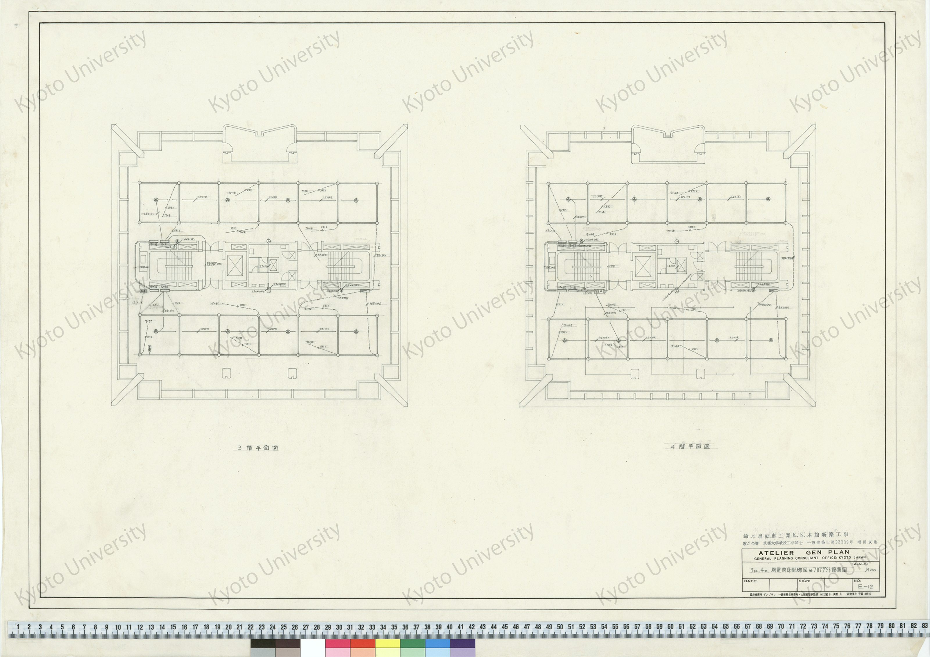 鈴木自動車工業K.K.本館新築工事_3FL. 4FL 弱電関係配線図並フロアダクト設備図_1/100_E-12_増田友也（設計指導） (1)