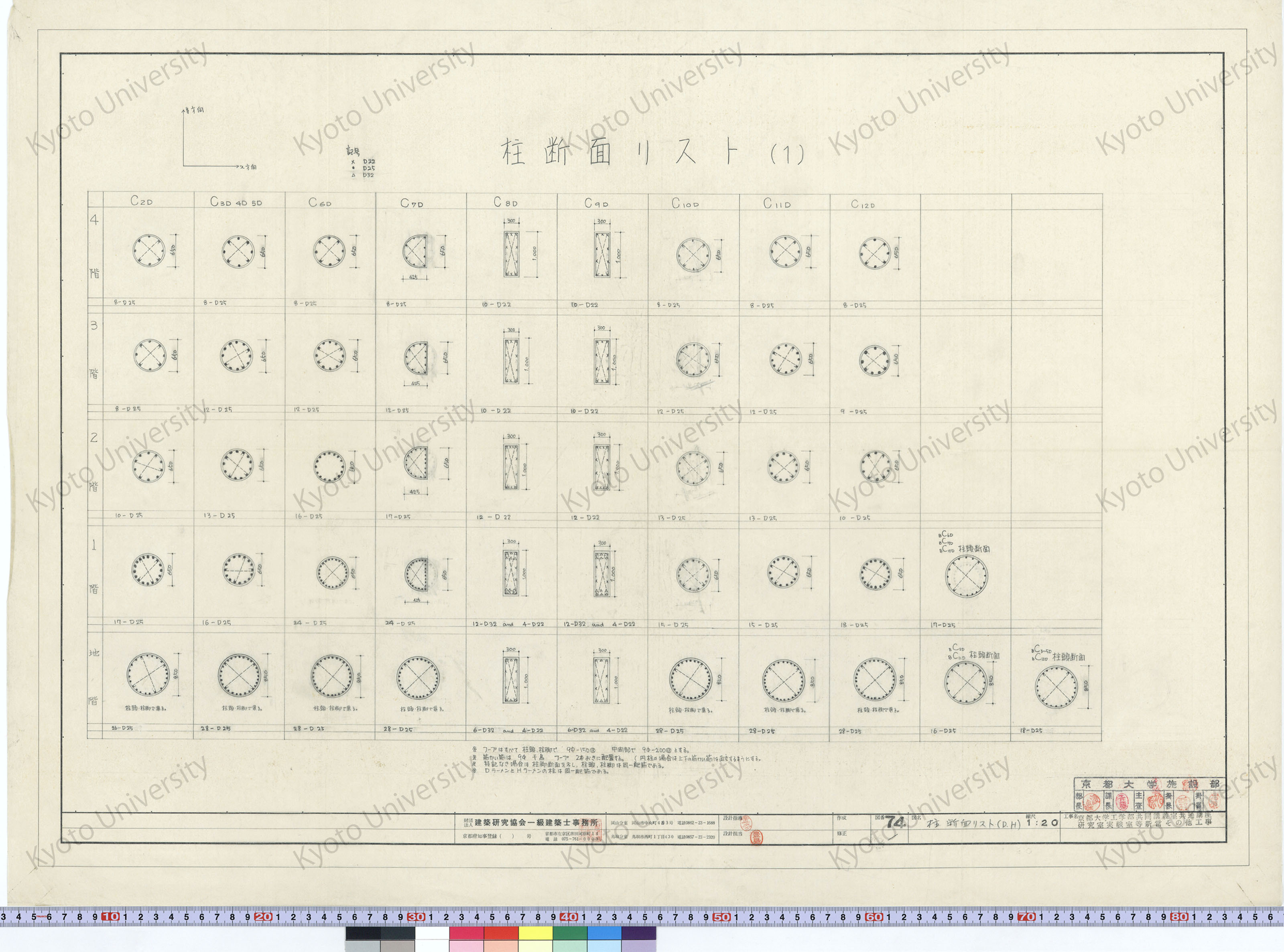 京都大学工学部共同講義室共通講座研究室実験室等新営その他工事_柱断面リスト（D.H）_1:20_74_増田（設計指導）, 豊島 (1)