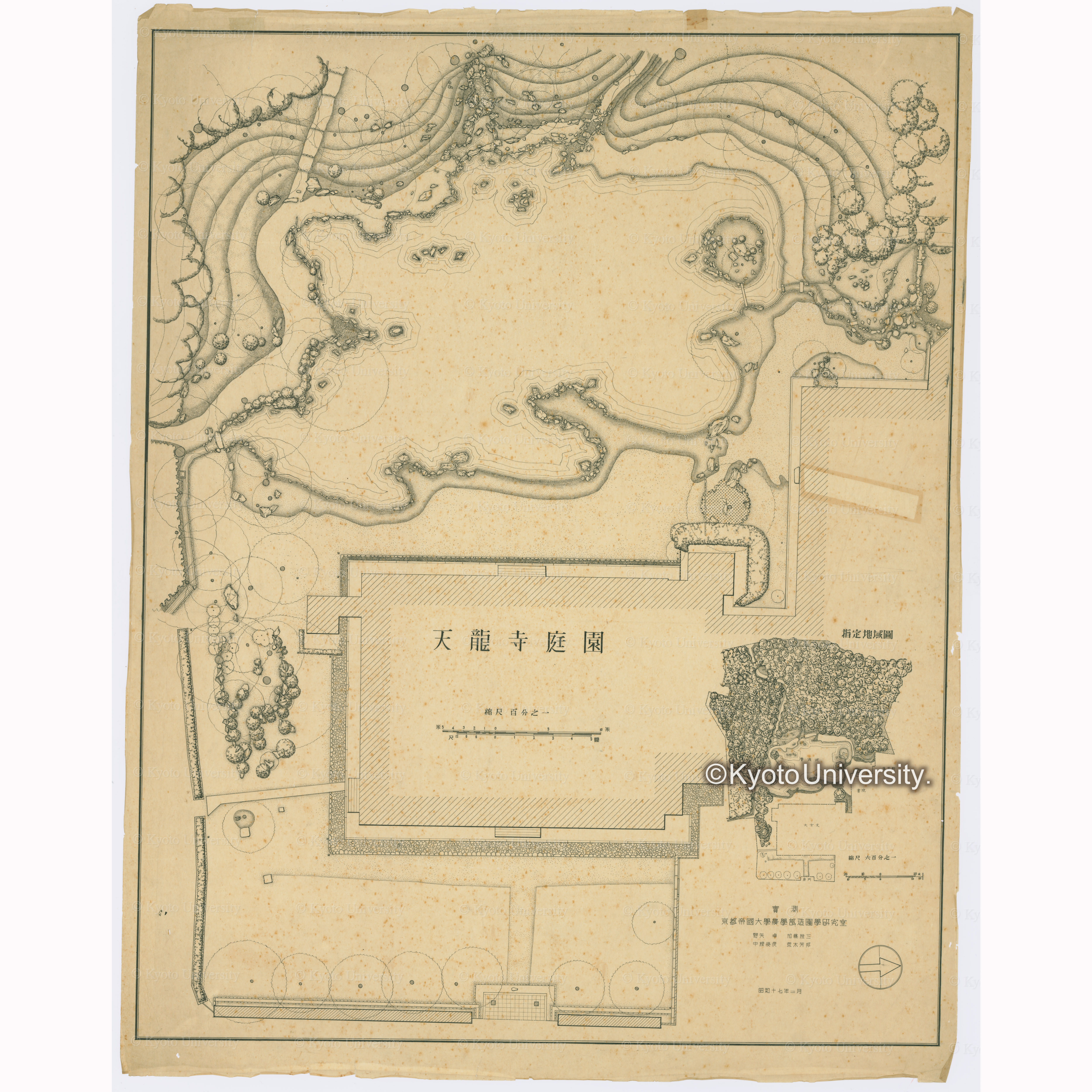 天龍寺庭園　縮尺百分之一　実測京都帝国大学農学部造園学研究室　野矢卓　加藤桂三　中根俊彦　荒木芳邦　昭和十七年二月 (1)