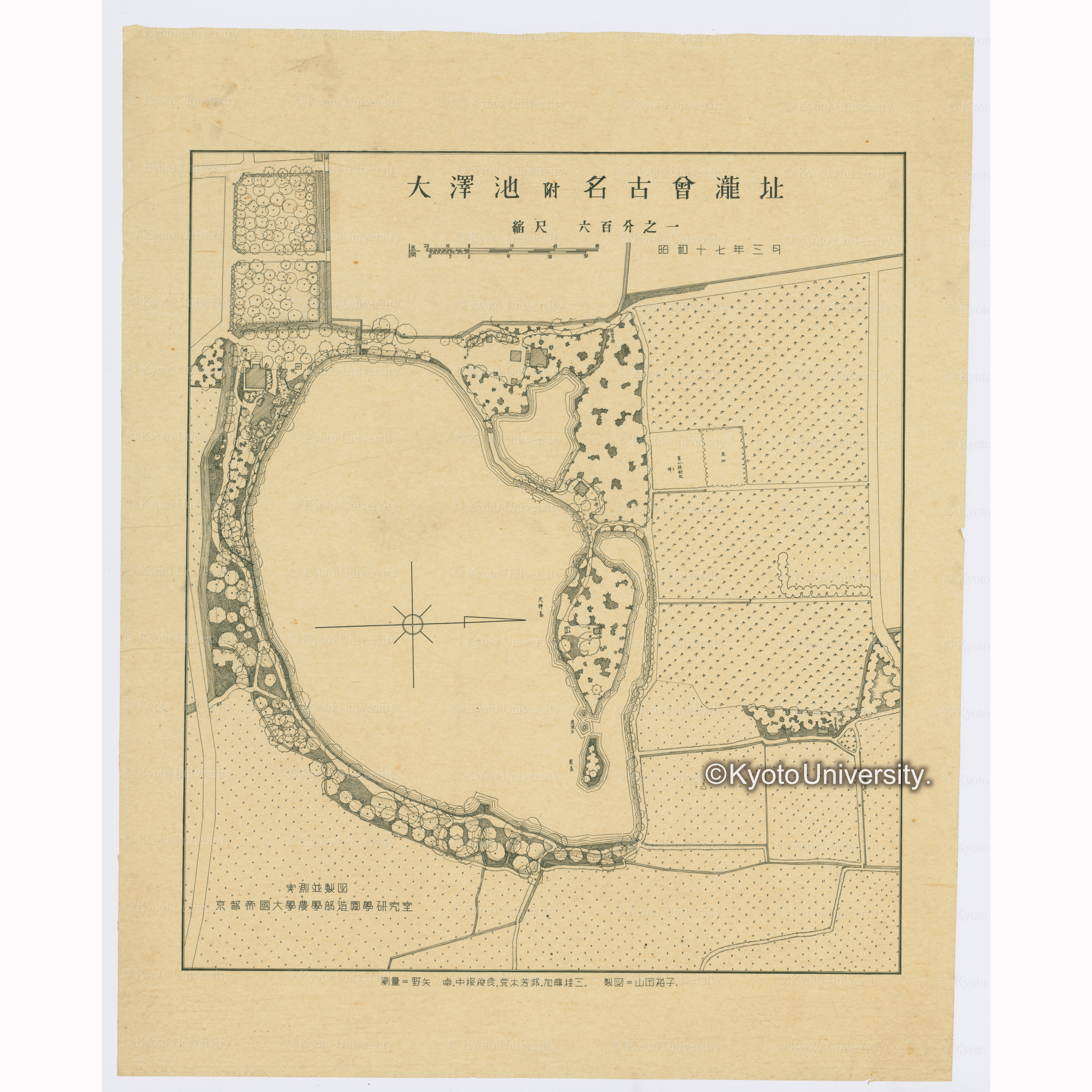 大澤池附名古曾瀧址　縮尺六百分之一　昭和十七年三月　実測並製図　京都帝国大学農学部造園学研究室　測量＝野矢卓．中根俊彦．荒木芳邦．加藤桂三．　製図＝山田祐子． (1)