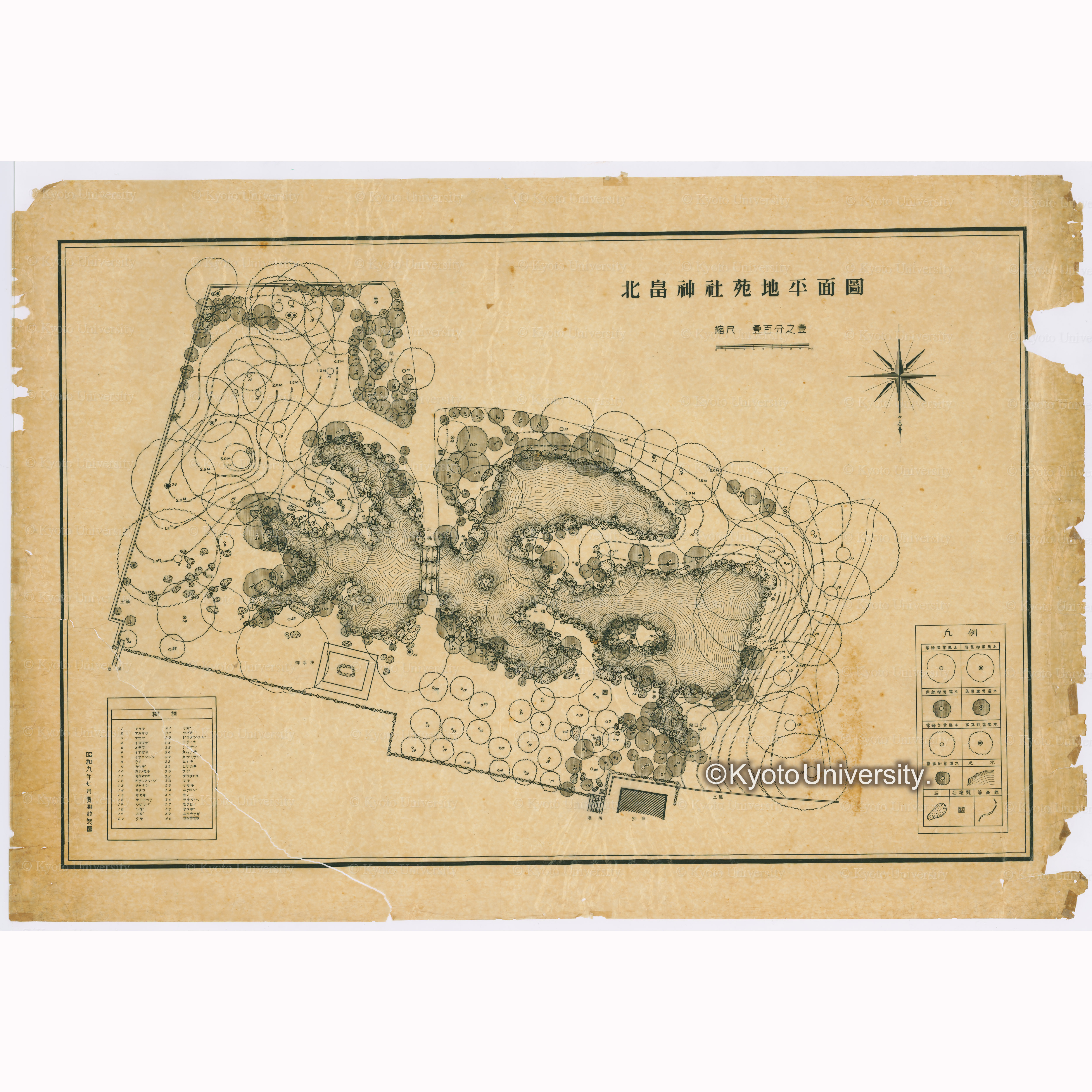 北畠神社苑地平面図　縮尺一百分之一　昭和九年七月実測竝製図 (1)