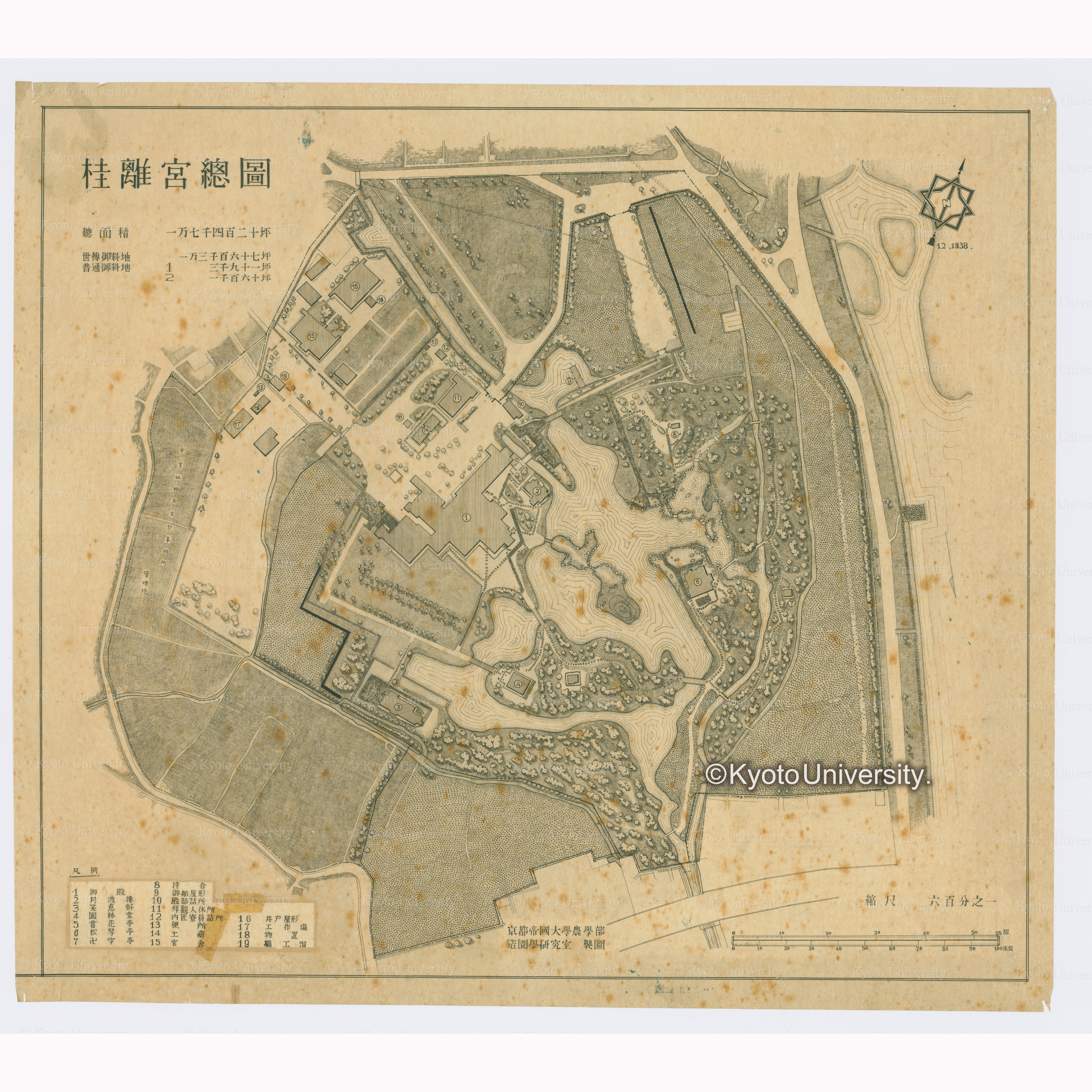 桂離宮総図　12.1938.　縮尺六百分之一　京都帝国大学農学部造園学研究室製図 (1)