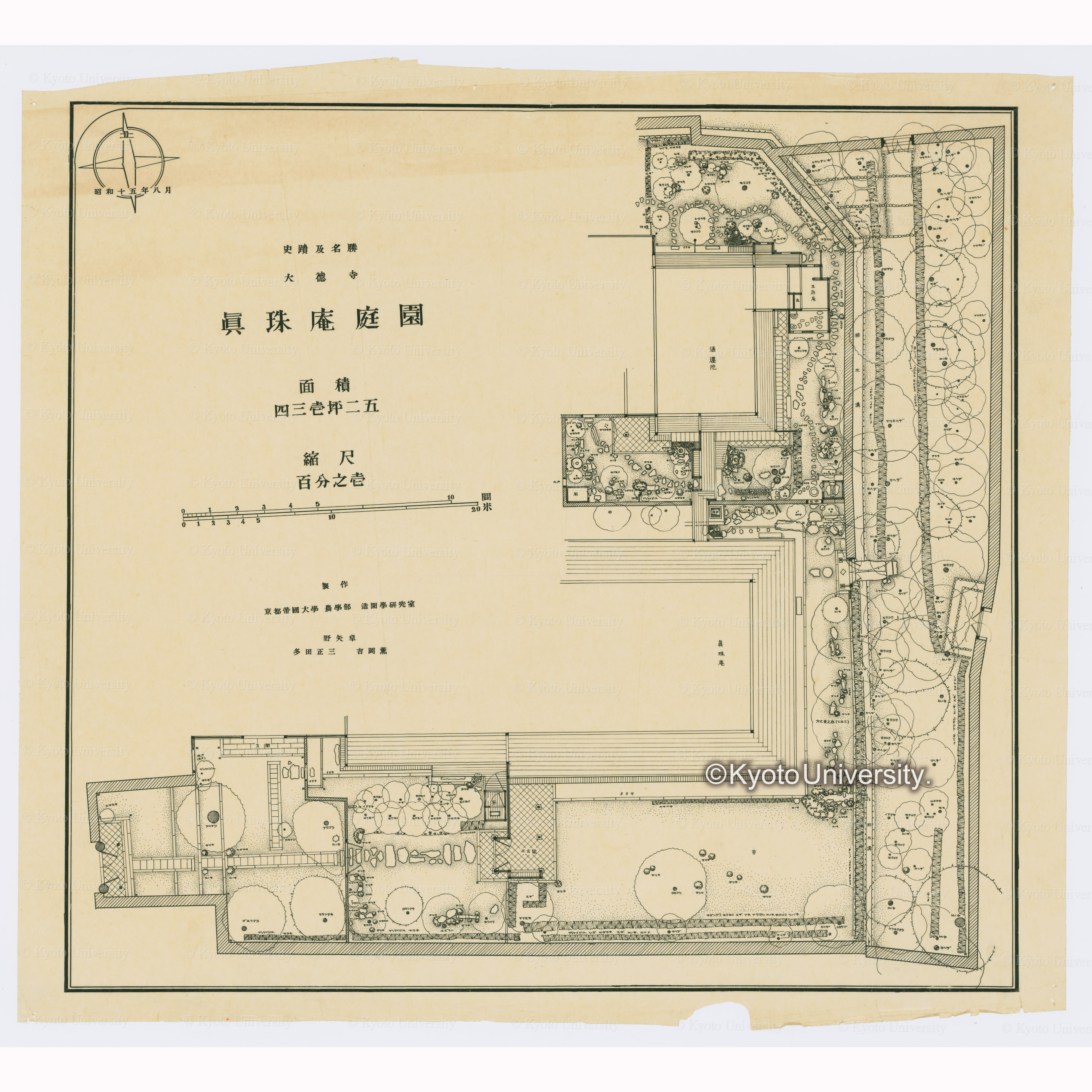 史蹟及名勝大徳寺真珠庵庭園 面積四三一坪二五　縮尺百分の一　製作　京都帝国大学　農学部　造園学研究室　野矢卓　多田正三　吉岡薫　昭和十五年八月 (1)